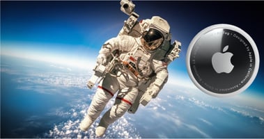 Apple Air Tag is high tech and powerful. Image shows Air Tag suspended next to astronaut floating in space.