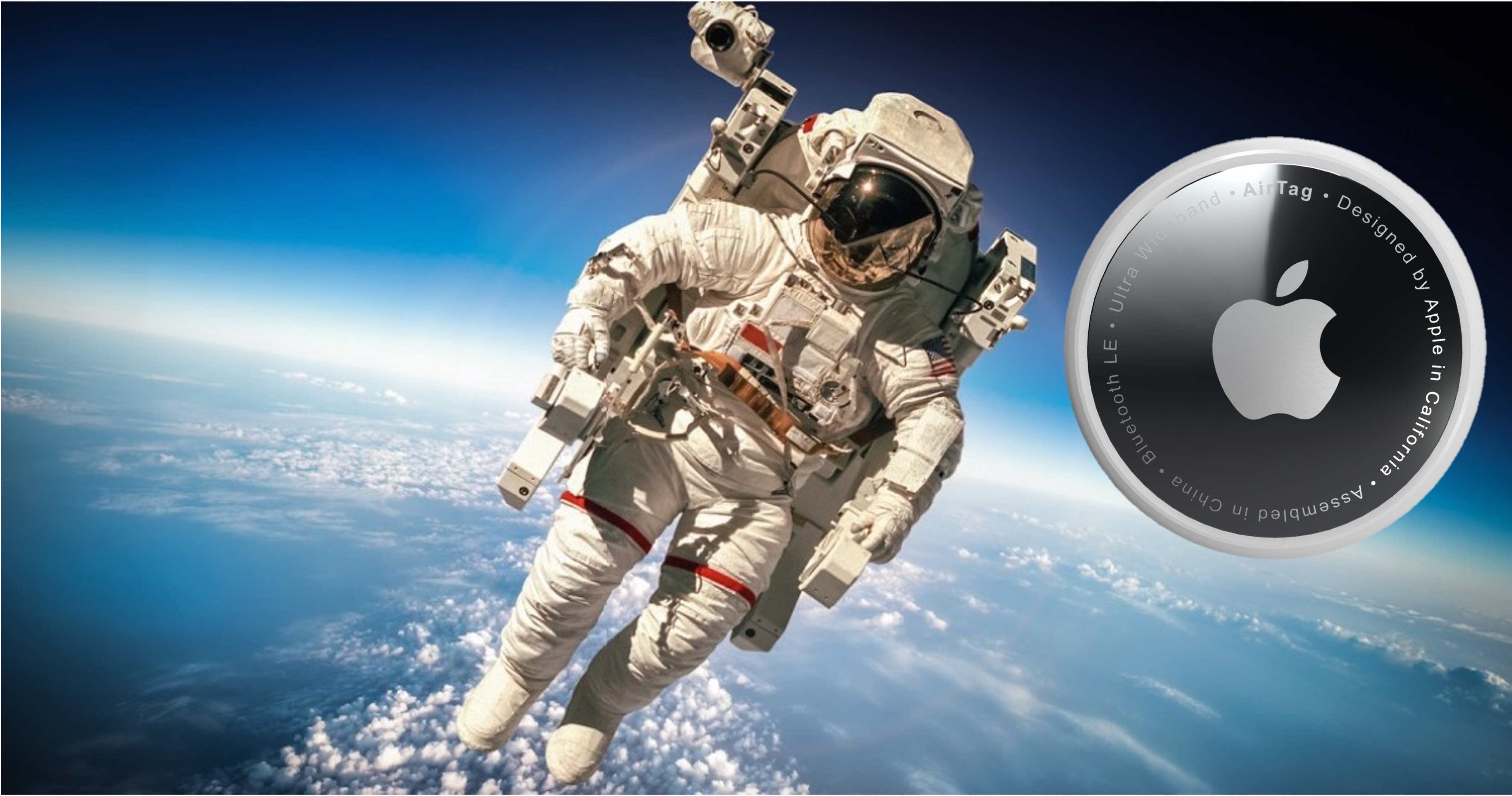 Apple Air Tag is high tech and powerful. Image shows Air Tag suspended next to astronaut floating in space.
