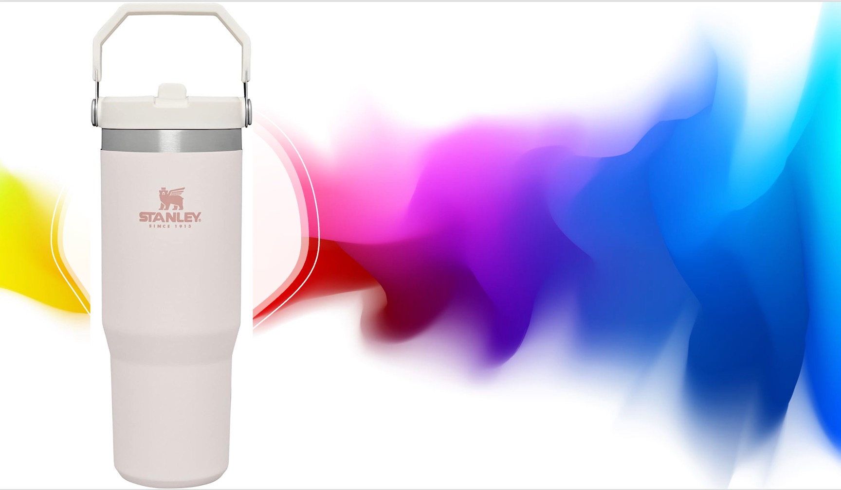 The Stanley brand Tumbler is stylish. Image shows Stanley beverage tumbler next to vibrant colors.